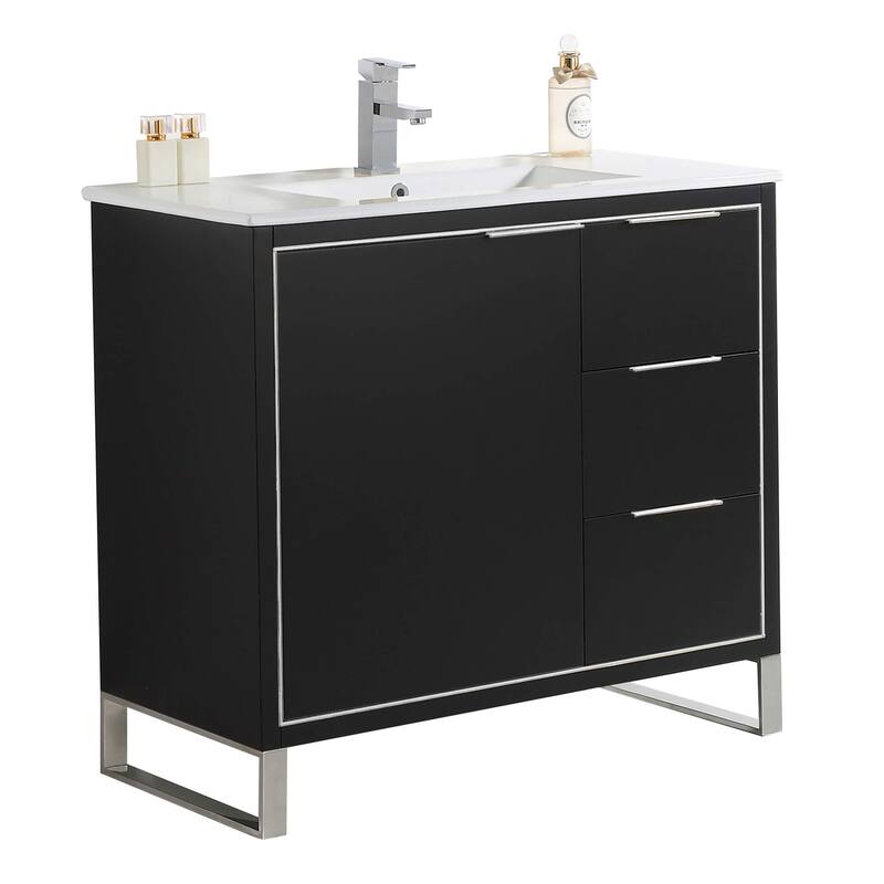 Fine Fixtures Opulence Collection Bathroom Vanity with White Ceramic Sink - 36 Inch - Black Matte - Chrome Hardware