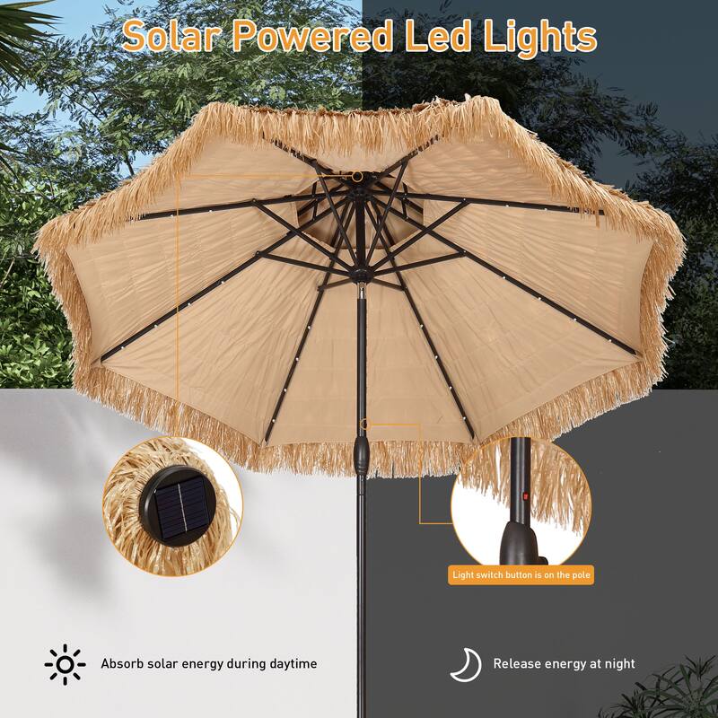 Autlaycil 9ft Hula Thatched Tiki Outdoor Umbrella with Crank & Lights