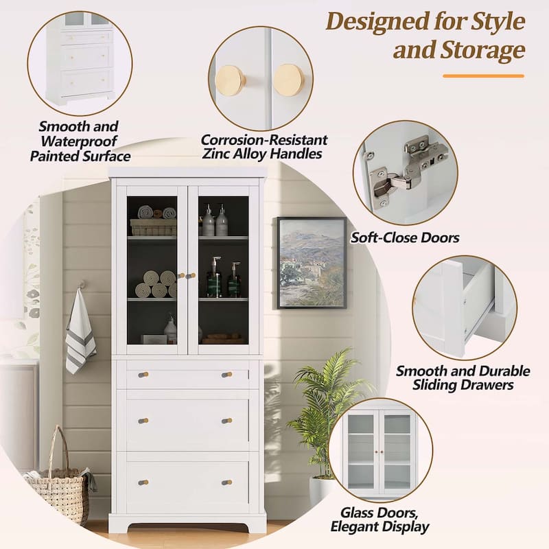 Freestanding Tall Cabinet with 2 Adjustable Shelves,3 Drawers,- Ideal for Bathroom,Living Room,and Kitchen Storage