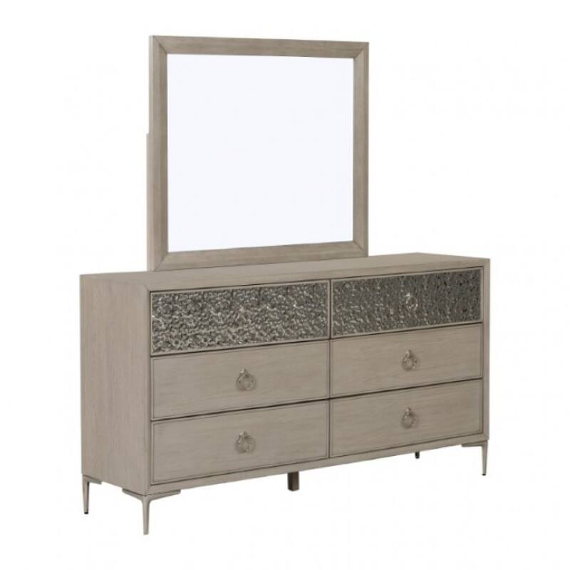 Kaira 66 Inch Dresser, 6 Drawers, Textured Metal, Natural Oak Brown