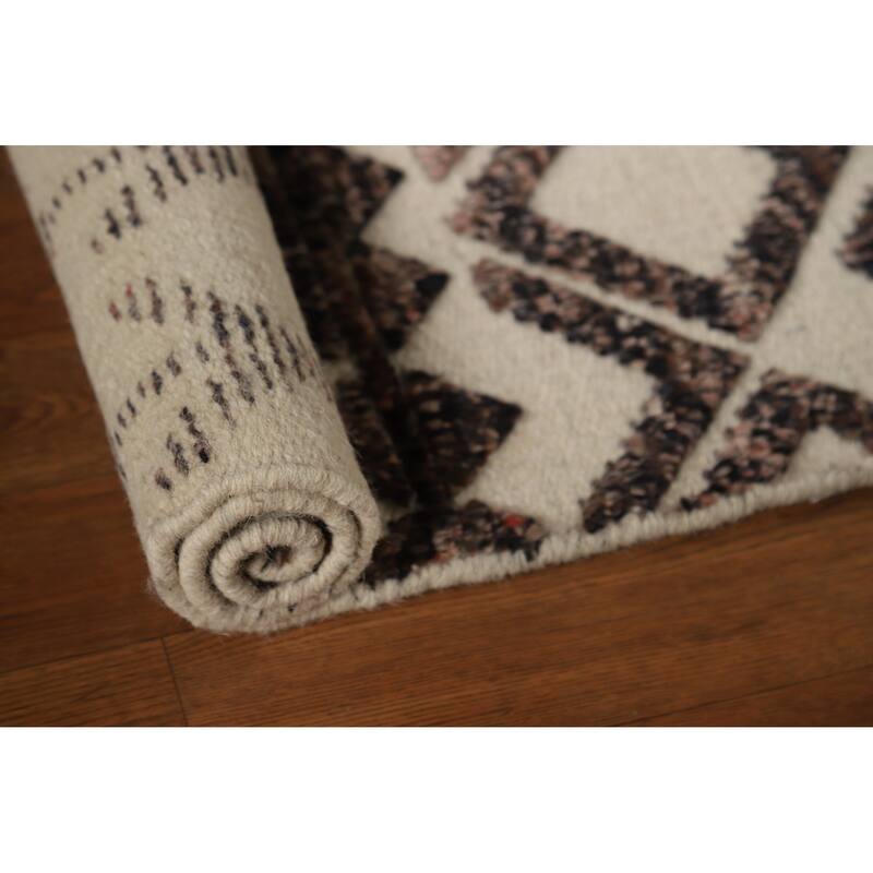 Geometric Moroccan Indian Accent Rug Handmade Beige Wool Carpet - 2'0"x 3'0"