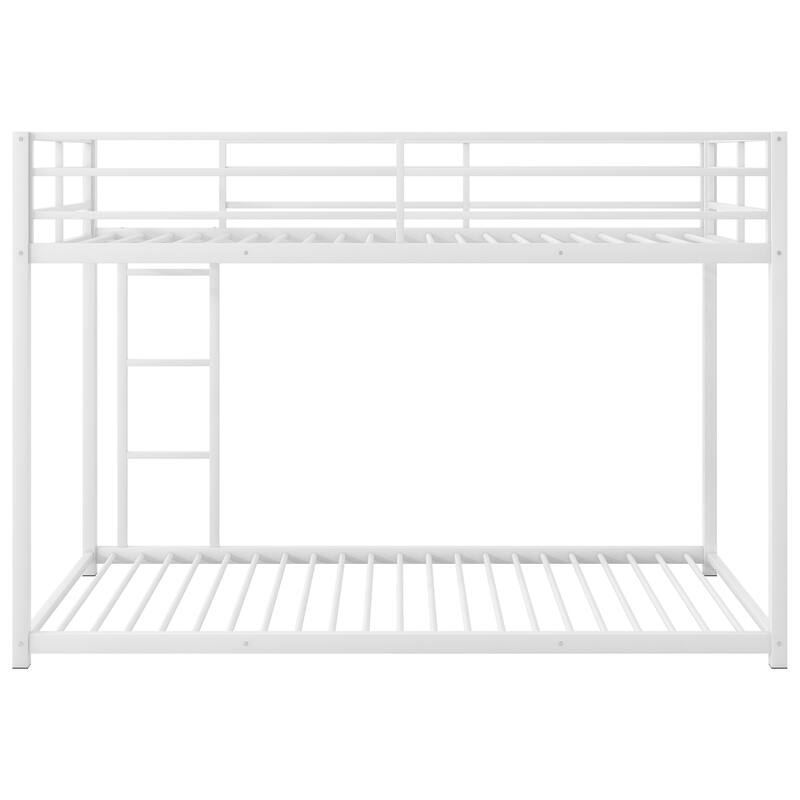 Twin/Full Size Metal Low Bunk Bed, Heavy Duty Steel Bunk Bed Frame with Built In Ladder and Guardrail