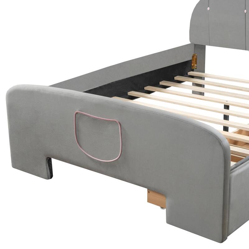 Rabbit-Themed Full Size Velvet Platform Bed with Storage Drawers and Bed-End Pockets - Fun, Practical, and Comfortable for Kids