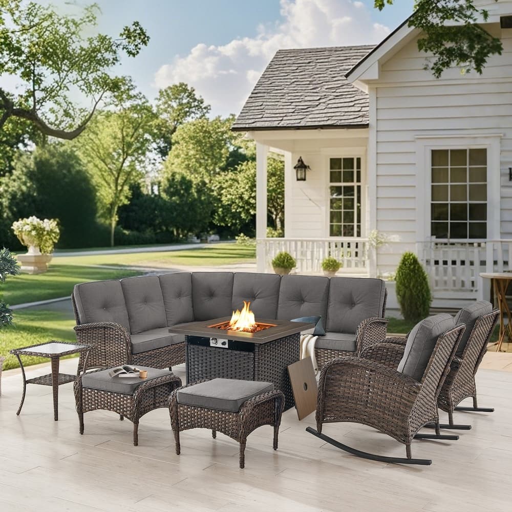 Gymojoy L-Shaped Outdoor Sectional Sofa Set with Fire Pit, Rocking Chairs & Ottomans