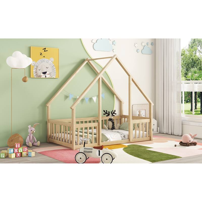 Roomfitters Twin/Full Wood House-Shaped Floor Bed with Fence and Guardrails, Low Profile Platform Bed, No Box Spring Needed