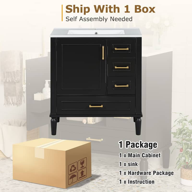 30" Freestanding Bathroom Vanity with Ceramic Sink, Soft Close Door and Drawers, Solid Wood Frame, Modern Storage Cabinet