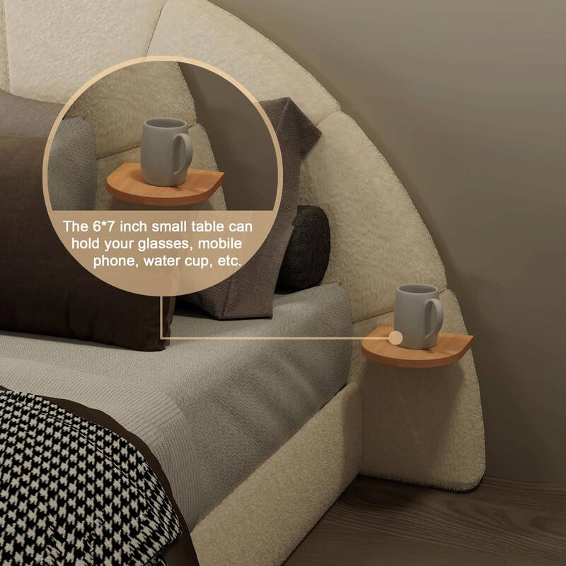 Unique Arched Bouclé Bed with Attached Small Table
