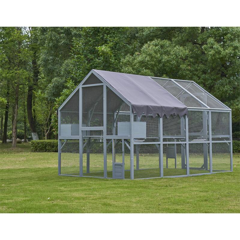 Outdoor Cat House Cat Enclosures 110" Large Kitten Playpen with Platforms,Upgrade Waterproof Cover-Grew&White