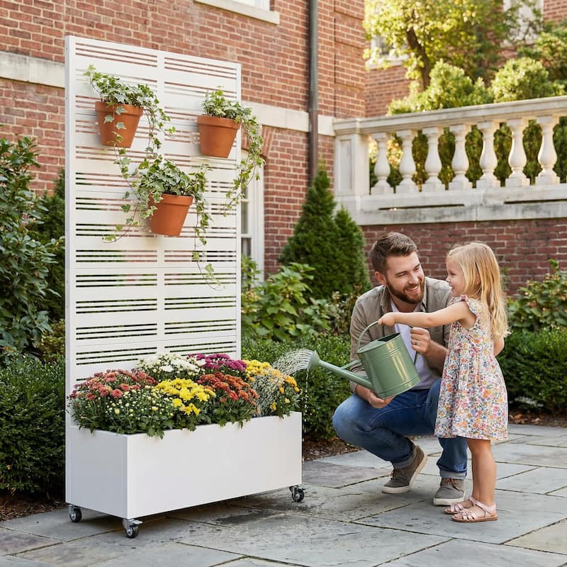 Outdoor Metal Galvanized Privacy Screen Planter Box with Trellis Lockable Wheels