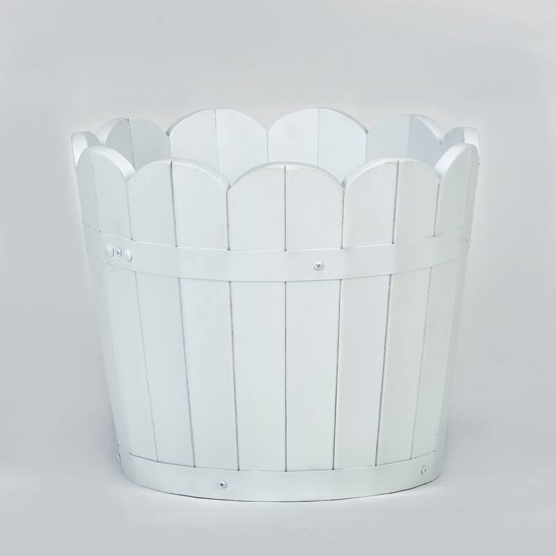 12.5" White Scallopped Acacia Wood Barrel Planter - 12.5