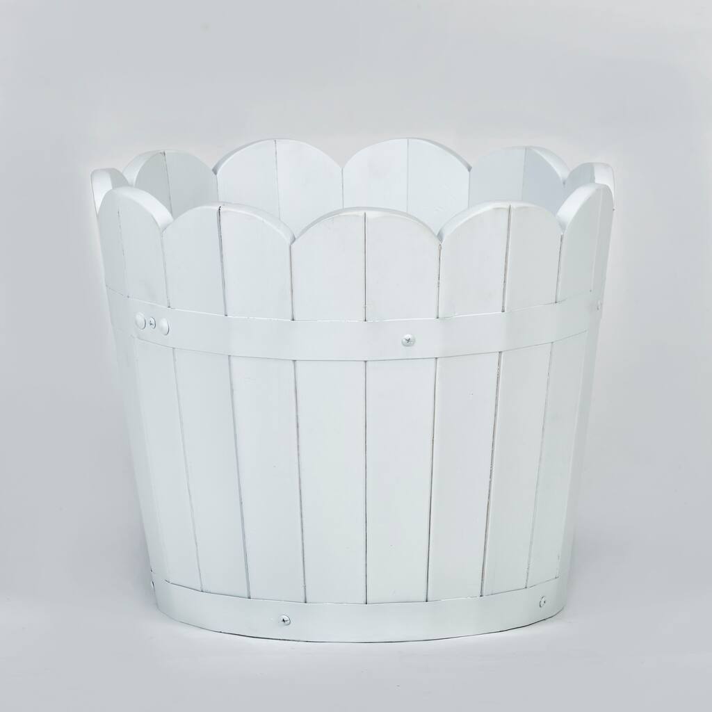 12.5" White Scallopped Acacia Wood Barrel Planter - 12.5