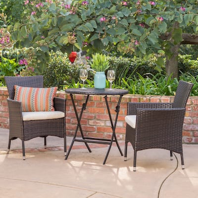 Roomfitters 3-Piece Outdoor Bistro Set with Wicker Chairs and Folding Table, Patio Conversation Set with Cushions, Brown