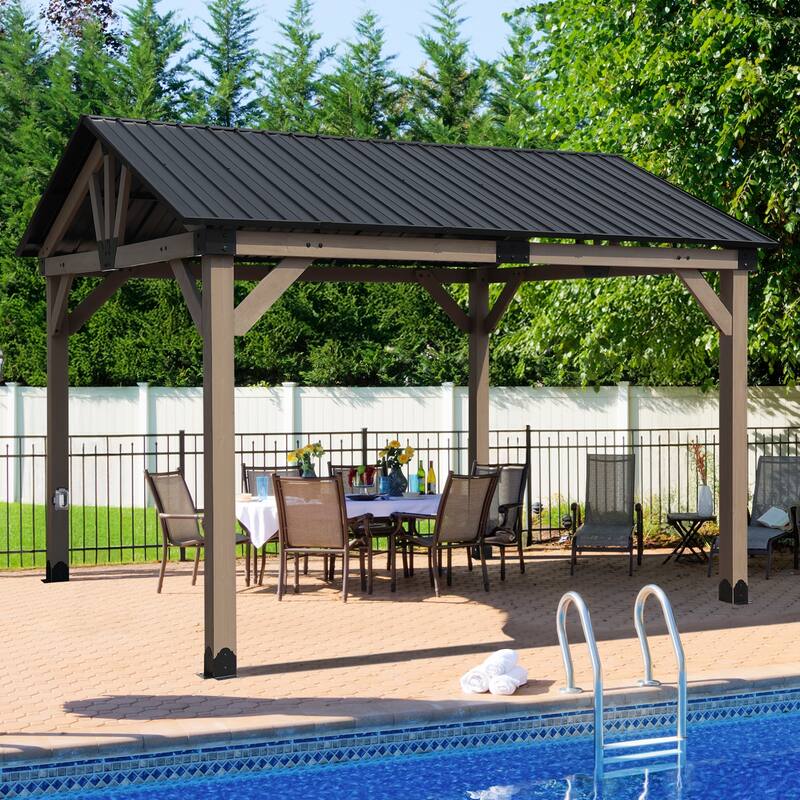 Aoodor 10 x 12 ft Wooden Frame Gazebo with Galvanized Metal Hardtop Roof, Outdoor Patio Gazebo with Outlets