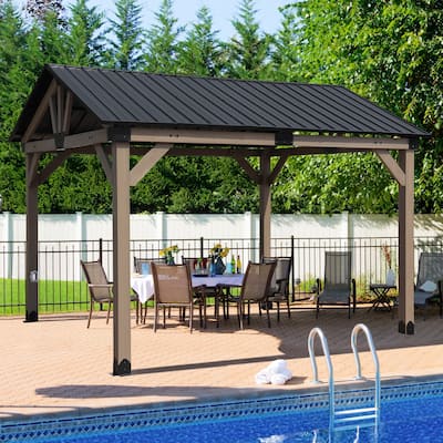 Aoodor 10 x 12 ft Wooden Frame Gazebo with Galvanized Metal Hardtop Roof, Outdoor Patio Gazebo with Outlets