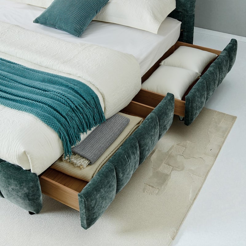 King Upholstered Platform Bed, Chenille Fabric, Headboard, Solid Frame, Under-Bed Storage Drawer, Modern Low-Profile