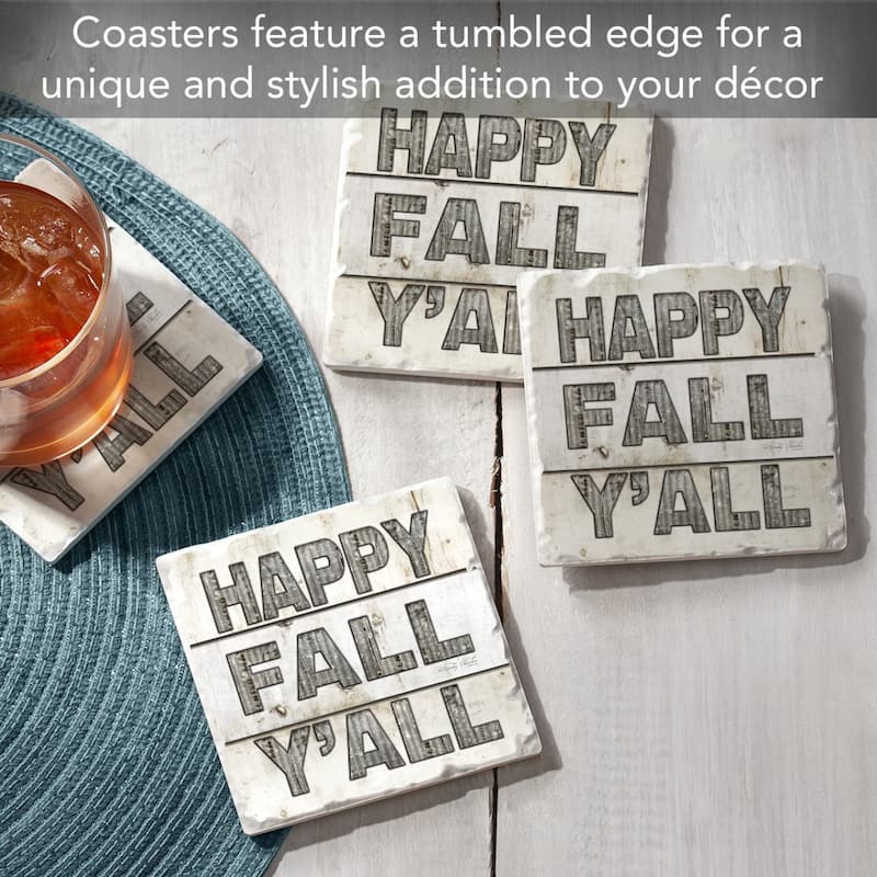 Happy Fall Y'all 4-Pack Absorbent Stone Coasters with Protective Cork Backing 4" Square Made in The USA Easily Wipes Clean