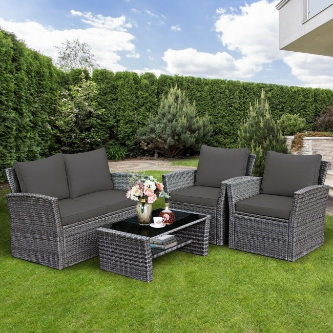 4 Pieces Patio Rattan Furniture Set Sofa Table with Storage Shelf Cushion - 48.5" x 26.5" x 30" (L x W x H)