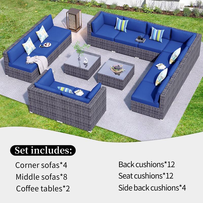 OVIOS 14-piece Deep Seat Wicker Conversation Sectional Set with Glass-top Table