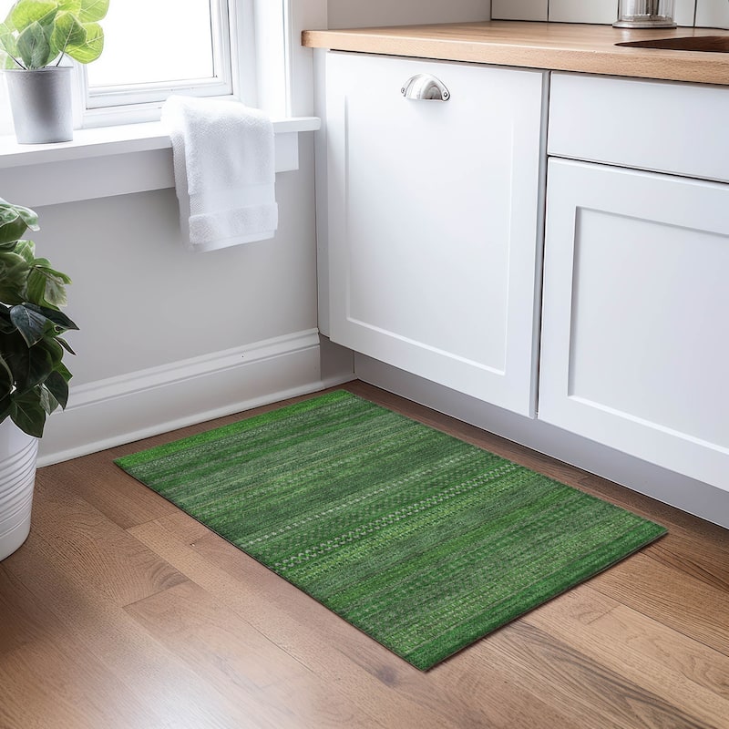 Machine Washable Indoor/ Outdoor Moroccan Stripes Chantille Rug - Fern - 1'8" x 2'6"