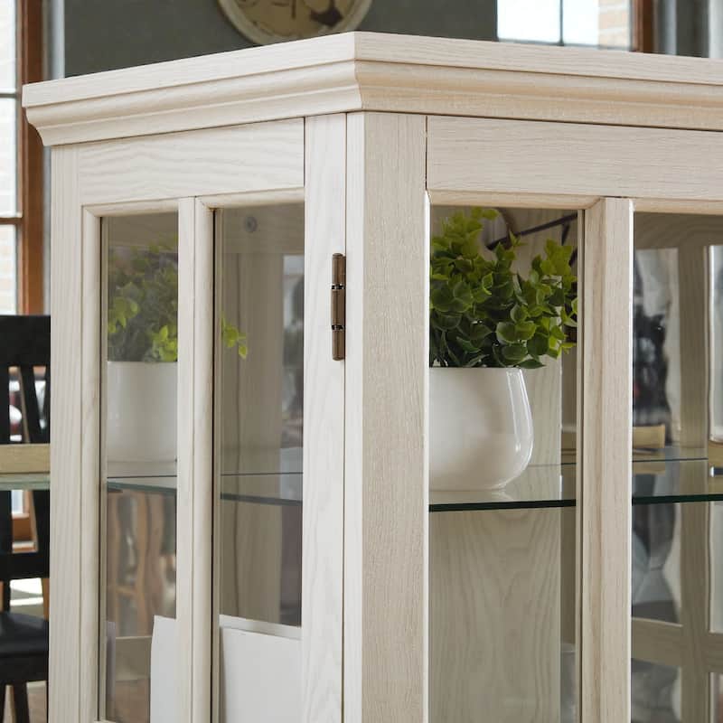 Antique Curio Display Cabinet with Glass Doors, 4 Door Vintage Showcase with Adjustable Shelves and Light