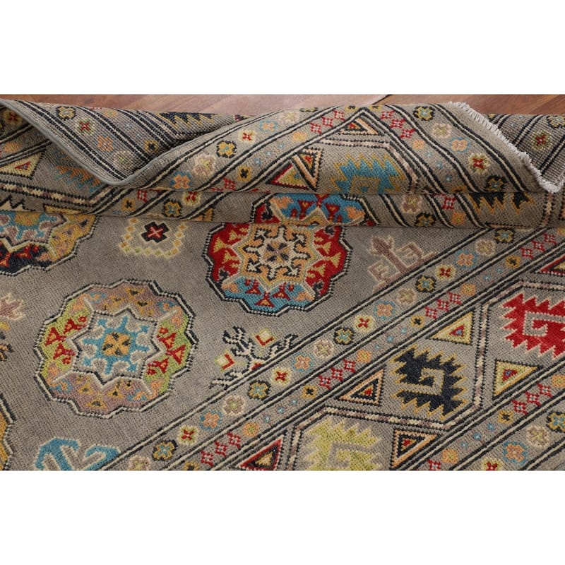 Geometric Kazak Rug Handmade Oriental Grey Wool Carpet - 4'2" x 6'0"