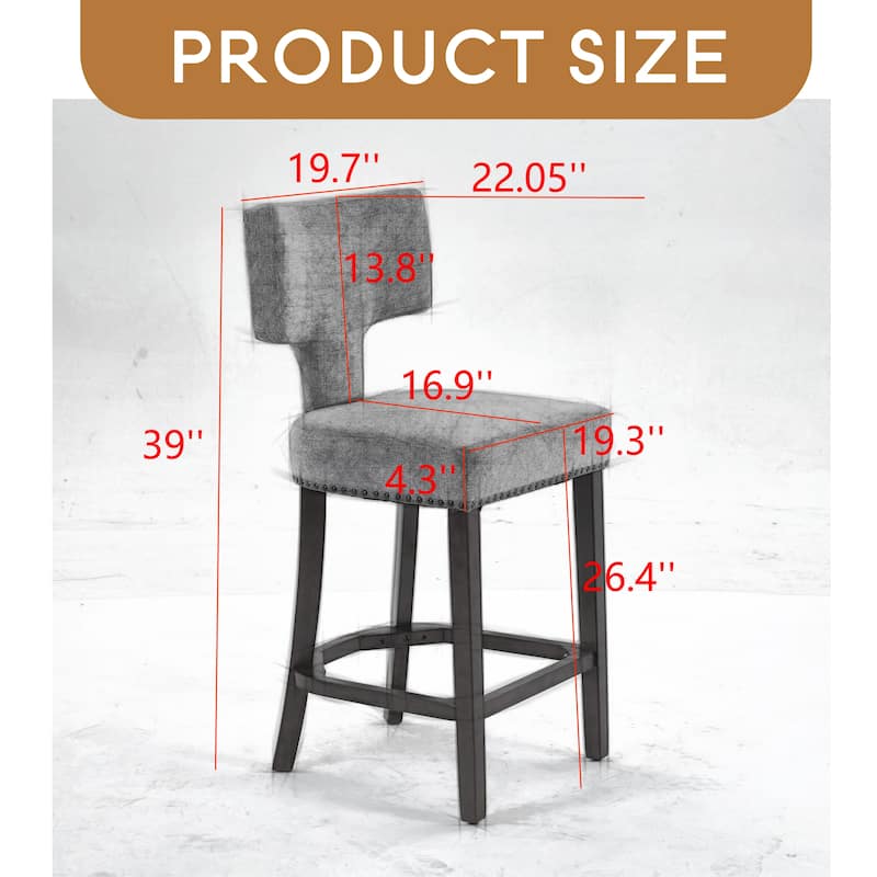 Mid Century Modern Counter Height Bar Stools Set of 2, Farmhouse Linen Fabric Upholstered Accent Chair Curved Backrest