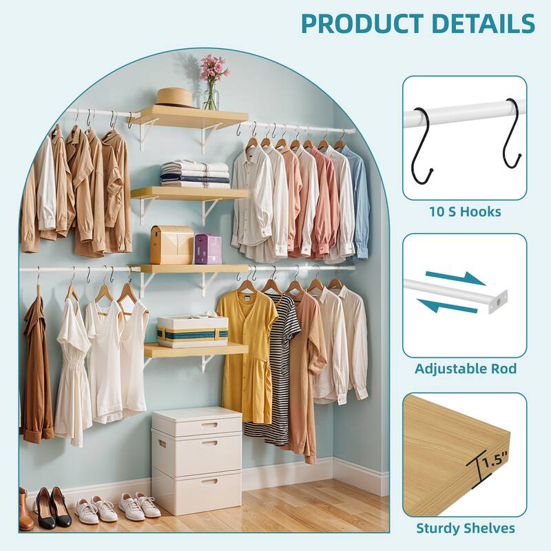 Wall-Mounted Clothing Storage Rack Multi-Functional Closet Organizer System with Adjustable Rods and Shelves