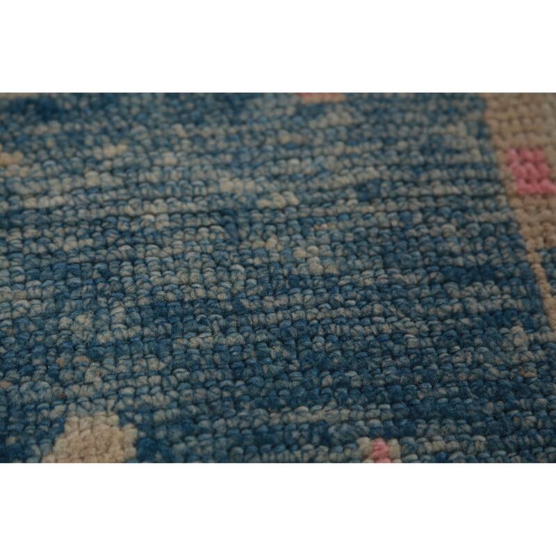Hand Knotted Oriental 100% Wool Carpet Transitional Geometric Navy Blue & Blues Oushak Runner Rug - 9' 4'' X 3' 0''