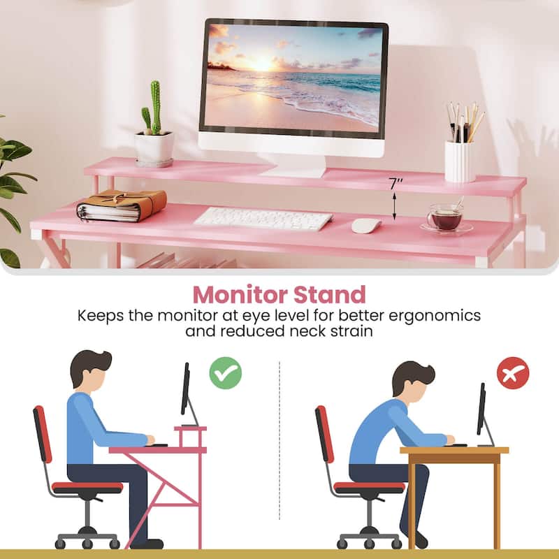 Costway Home Office Desk with Monitor Stand, Open Shelf & Metal Frame, - See Details