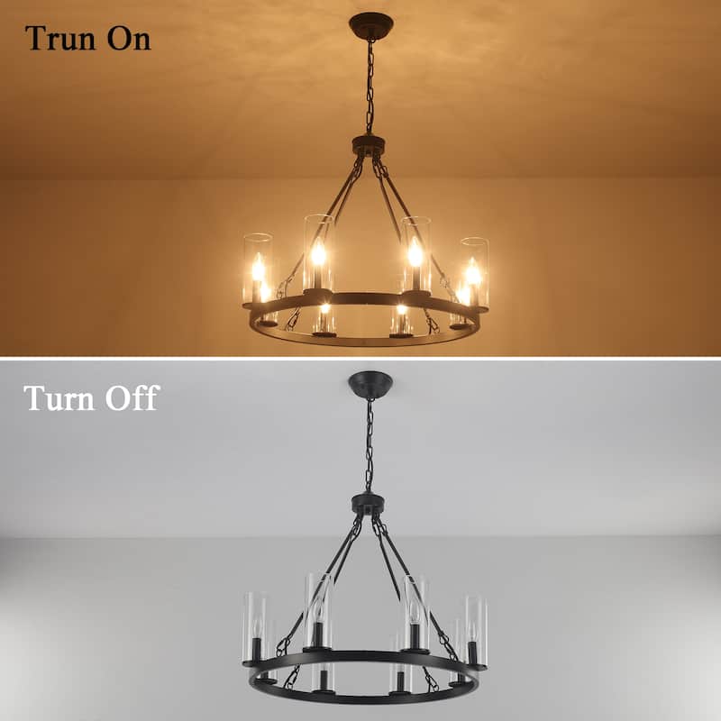 25.98inch 8-light Farmhouse Wagon Wheel Height Adjustable Chandelier With Glass Shade for Multiple Spaces