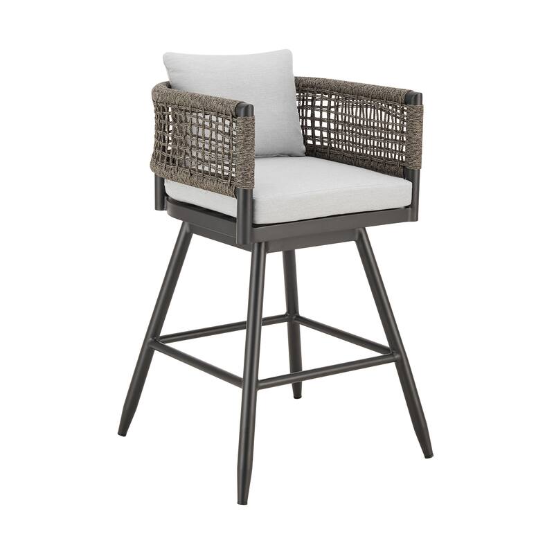 Alegria Outdoor Patio Swivel Counter Stool in Aluminum with Rope and Cushions