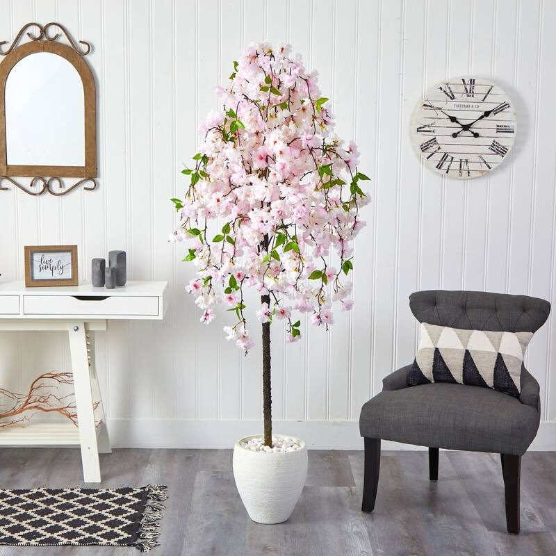 Artificial Cherry Blossom Tree 70 Inch Indoor Plant with Planter, Decorative Silk Tree for Home Office Decor