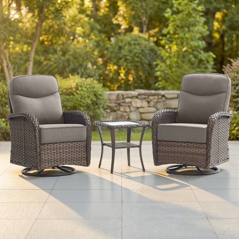 Pocassy Outdoor Wicker Patio Sofa with Swivel Chair Ottoman Sets - Brown Wicker Gray Cushion - 3-Piece Swivel Chair  with Side Table