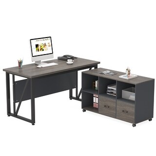 55 Inch L Shaped Executive Desk with 2 Drawers, Office Computer Desk ...