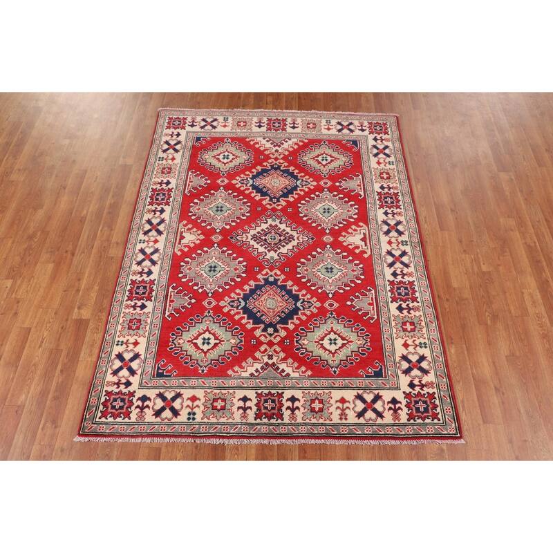 Traditional Red Kazak Rug Hand-Knotted Oriental Wool Carpet - 5'0" x 6'7"