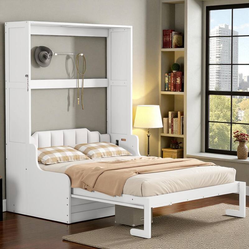 Queen Size Murphy Wall Bed with Folding Cushion Chair, Space-Saving Cabinet Bed for Guest Room or Home Office