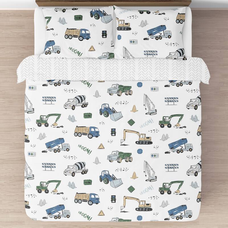 Construction Truck Collection Boy 3pc Full/Queen Comforter Set - Grey Yellow Black Blue and Green Transportation Chevron Arrow
