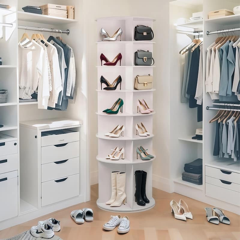 White 360 Degree Rotating Shoe Rack Tower 7 Tier Storage Organizer with Boot Compartment for 28 Pairs of Shoes