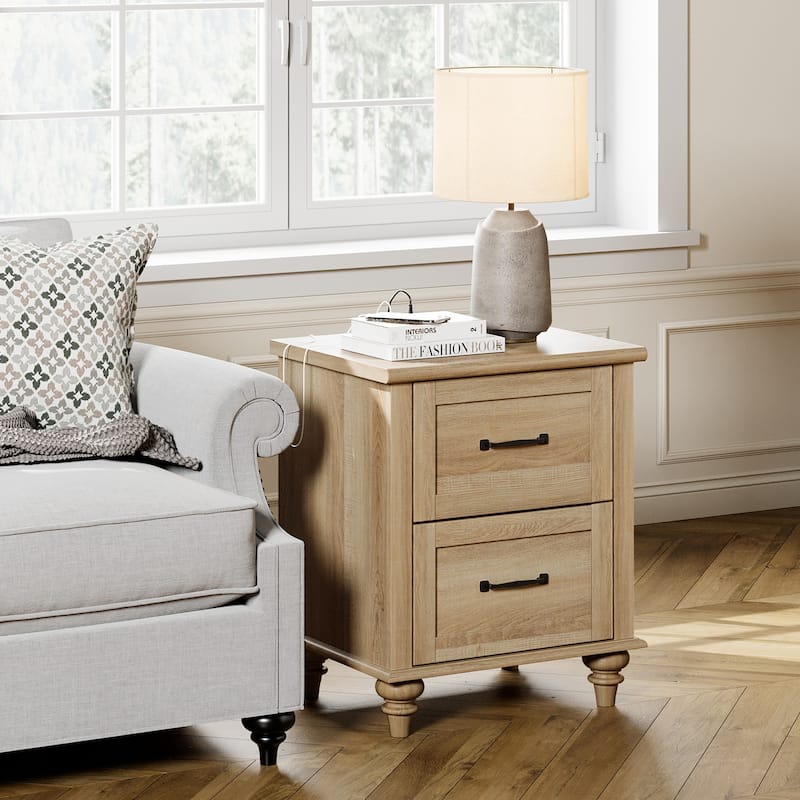 Mid Century End Table Nightstands with Charging Station & Drawer
