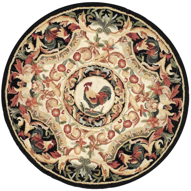 SAFAVIEH Handmade Chelsea Anni French Country Rooster Wool Rug - 3' Round - Ivory/Black