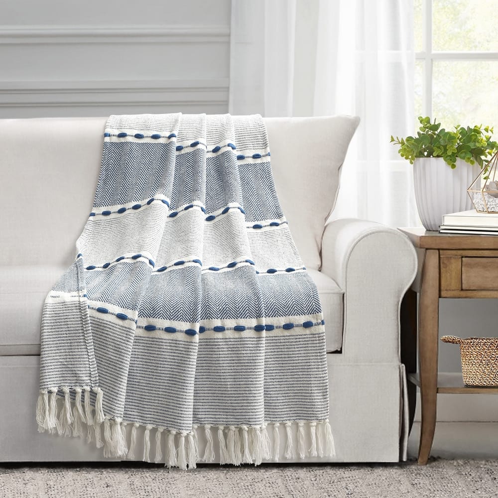 Lush Decor Herringbone Stripe Yarn Dyed Cotton Woven Tassel Throw Blanket