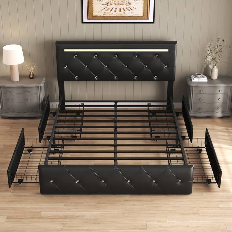 Full Size Bed Frame with LED Light and Storage Drawers, PU Upholstered Bed Frame with Adjustable Headboard, Charging Station