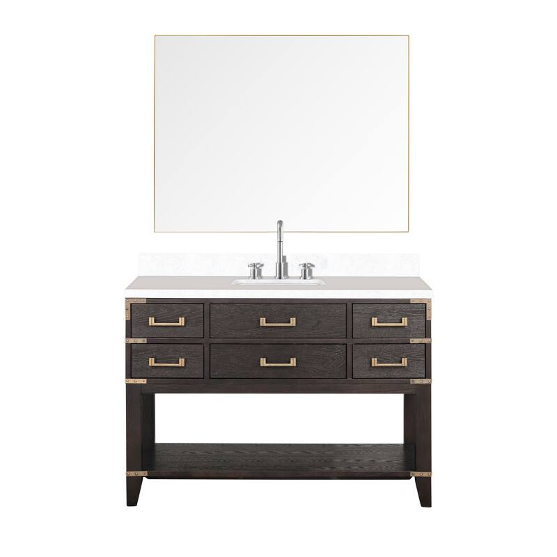 Norwalk 48 in W x 22 in D Black Oak Single Bath Vanity, White Quartz Top, Faucet Set, and 46 in Mirror - Brown Oak