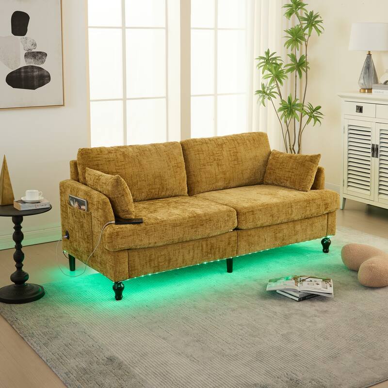 Modern Style Chenille 2-Seater Wood-Legged Sofa With Led Light,USB Charging Port And Storage Bag Living Room Bedroom Study Room