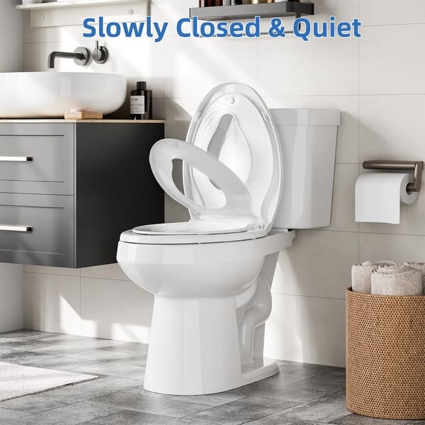 Soft Close Toilet Seat For Elongated & Round Toilets – Quiet-Close Padded Lid, Quick-Attach Hardware, Built-In Potty Training Seat, Universal Fit
