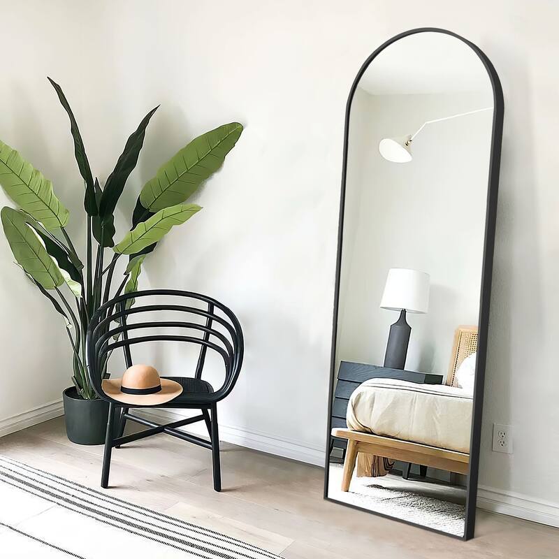Aluminum Fine Edge Right Angle Arched Black Full Length Mirror with Stand - 64"x21"