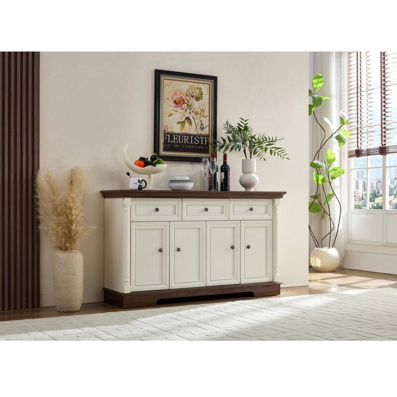 Farmhouse Roman Column Cabinet‌ – Wooden Storage Unit with Drawers & Doors, Coffee Bar & Wine Cooler for Kitchen or Hallway