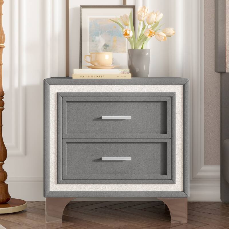 2-Drawer Nightstand with Silver Glitter Strip Decor and Metal Legs, Upholstered Nightstand, Velvet Bedside Table for Bedroom - Gray