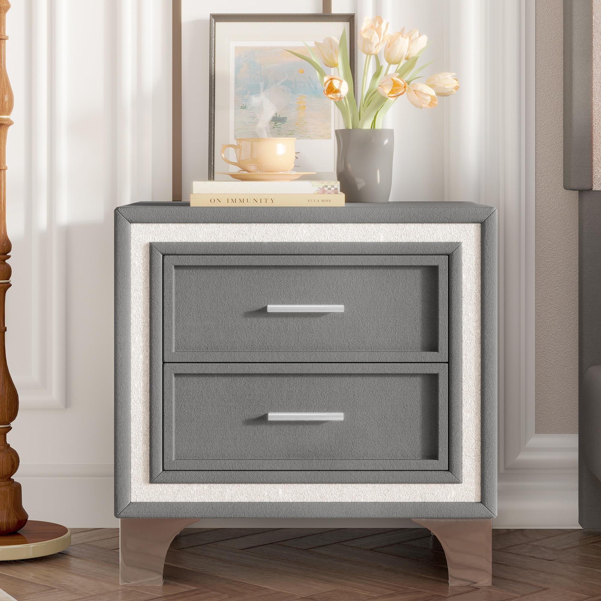Vintage Gray Velvet Nightstand with Silver Glitter & Metal Legs, 2-Drawer Bedside Table, Easy Assembly
