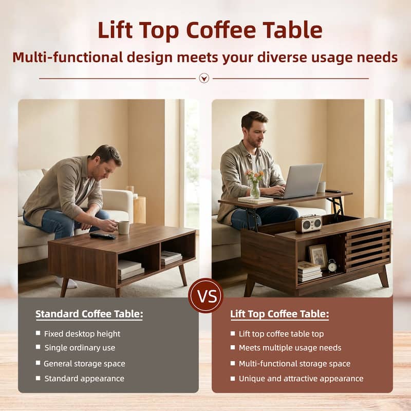 35.4"Lift Top Coffee Table with Storage, Mid Century Modern Coffee Table with Slatted Sliding Door and Hidden Compartment